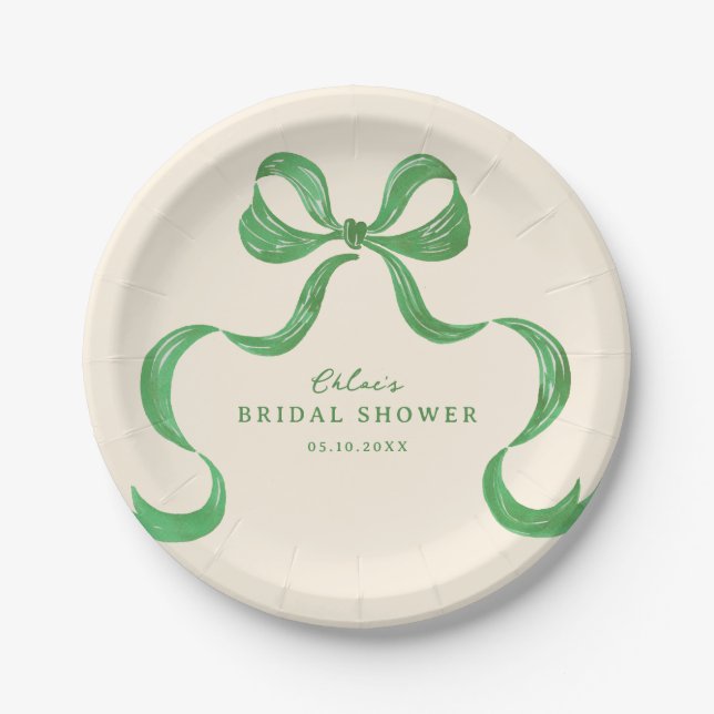 Green Hand Drawn Bow Bridal Shower Paper Plate (Front)