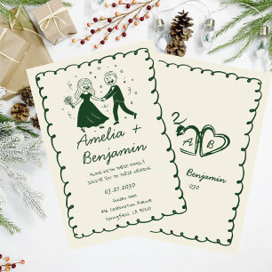 green  hand drawn couple Whimsical Wedding  Invitation