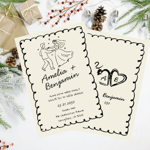 green hand drawn couple Whimsical Wedding  Invitation