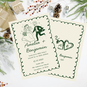 green hand drawn couple Whimsical Wedding  Invitation