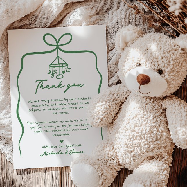 Green Hand Drawn Doodle Bow Whimsical Baby Shower Thank You Card (Creator Uploaded)