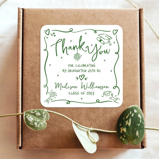Green Hand Drawn Doodle Graduation Thank You White Square Sticker (Creator Uploaded)