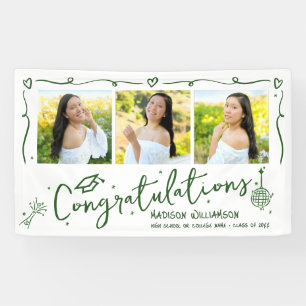 Green Hand Drawn Doodles Graduation 3 Photo White Banner
