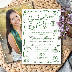 Green Hand Drawn Doodles Graduation Photo Party Invitation