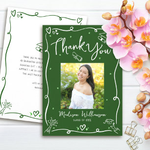 Green Hand Drawn Doodles Photo Graduation Quirky Thank You Card