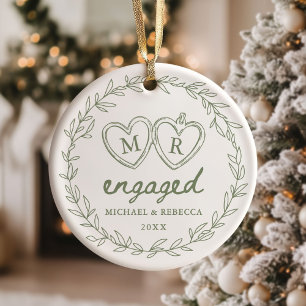 Green Hand Drawn Engaged Christmas Ceramic Ornament
