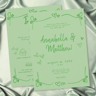 Green Hand Drawn Heart Whimsical Modern Wedding  Invitation