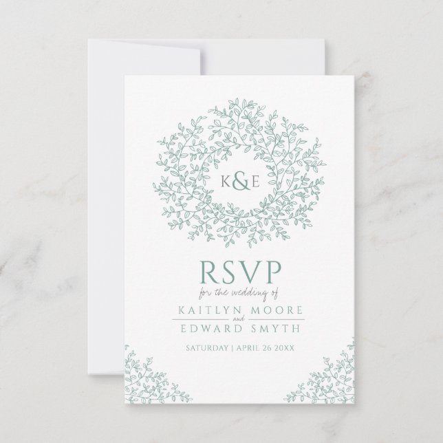 Green hand drawn leaf monogram RSVP wedding Card (Front)