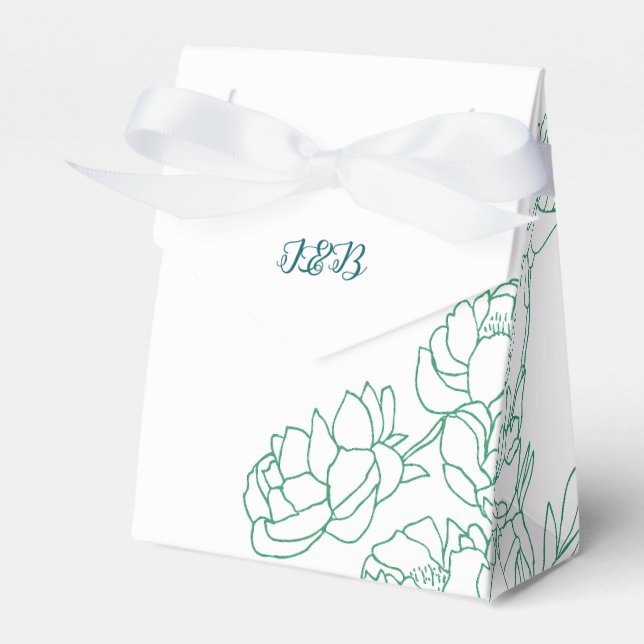 Green Hand Drawn Peony Flowers Wedding Favor Box (Front Side)