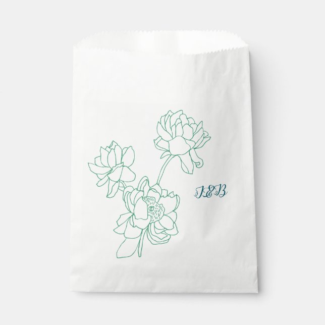 Green Hand Drawn Peony Flowers Wedding Favour Bag (Front)