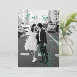 Green Hand Drawn Peony Flowers Wedding Thank You Card