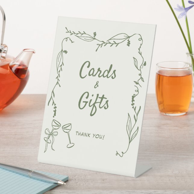 Green Hand Drawn whimsical Cards Gifts Pedestal Sign (In SItu)