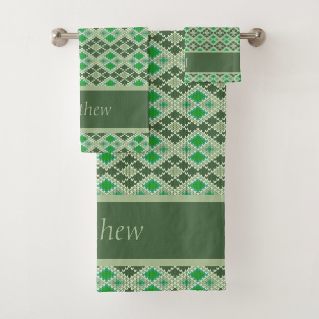 Green Hand Knit Sweater Look Geometric Pattern Bath Towel Set (Insitu)