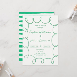 Green Hand Written Pinstripe Whimsical Wedding Invitation