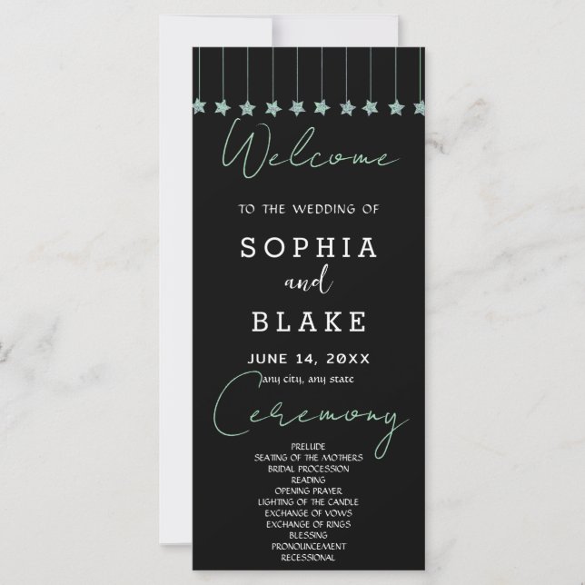 Green Hanging Stars Black Wedding Program (Front)
