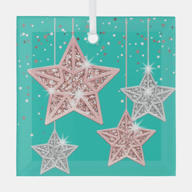 Green Hanging Stars Merry Christmas Glass Ornament (Front)