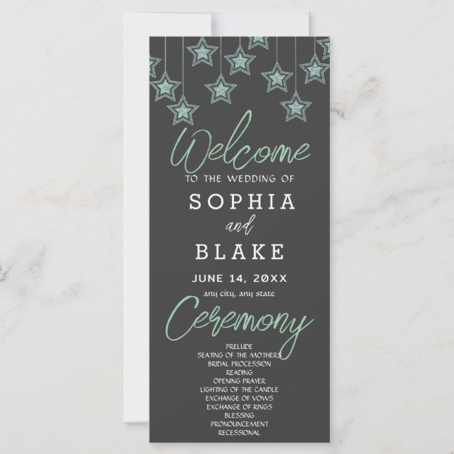 Green Hanging Stars Shadow Grey Wedding Program (Front)