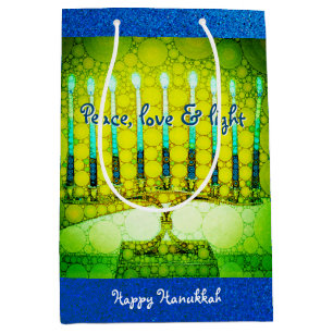 Green Hanukkah Menorah Peace Love Light Script Medium Gift Bag