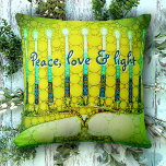 Green Hanukkah Menorah Peace Love Light Script Throw Pillow<br><div class="desc">“Peace, love & light.” A close-up photo of a bright, colourful, green and yellow artsy menorah helps you usher in the holiday of Hanukkah in style. Feel the warmth and joy of the holiday season whenever you relax on this stunning, colourful Hanukkah throw pillow. Makes a striking set of four...</div>