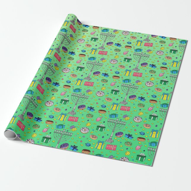 Green Hanukkah Pattern  Wrapping Paper (Unrolled)