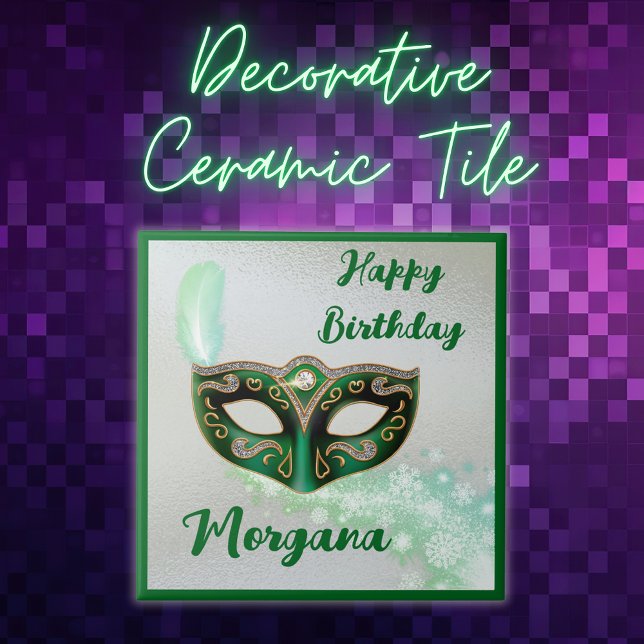 Green Happy Birthday Masquerade Party | Ceramic Tile (Creator Uploaded)