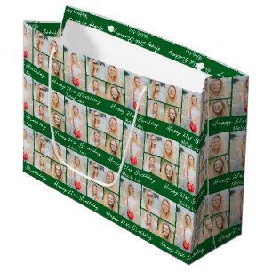 Green Happy Birthday Photo Collage Custom Large Gift Bag