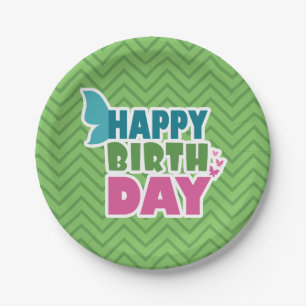 Green happy birthday spring butterfly paper plate