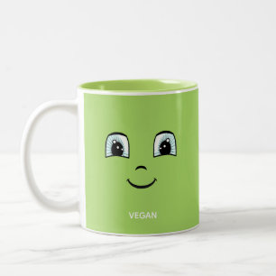 Green Happy Face with Vegan Text & Monogram Two-Tone Coffee Mug