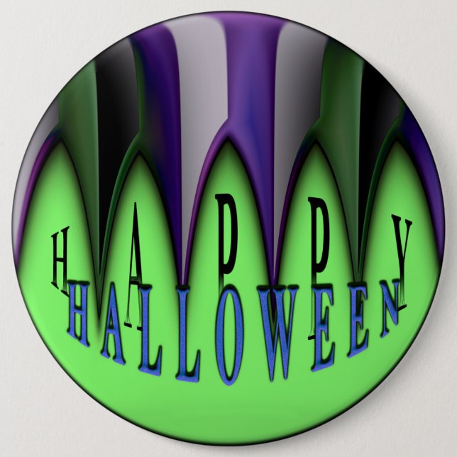 Green Happy Halloween Striped Fangs 6 Inch Round Button (Front)