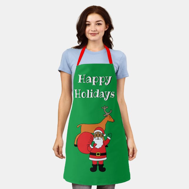 Green Happy Holidays African American Santa Claus Apron (Worn)