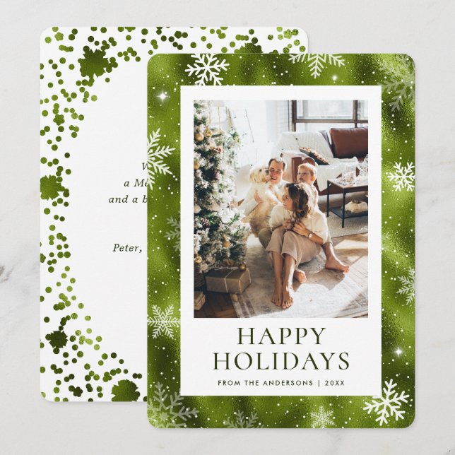 Green Happy Holidays Snowflake Snow Photo Holiday Card (Front/Back)