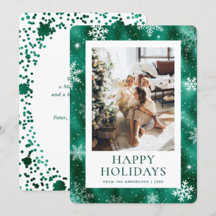 Green Happy Holidays Snowflake Snow Photo Holiday Card