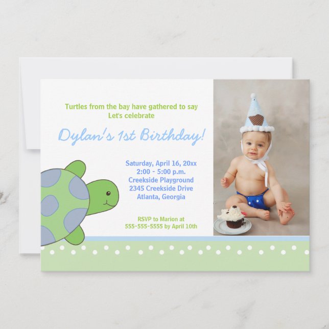Green Happy Sea Turtle Birthday Invitation 5x7 (Front)