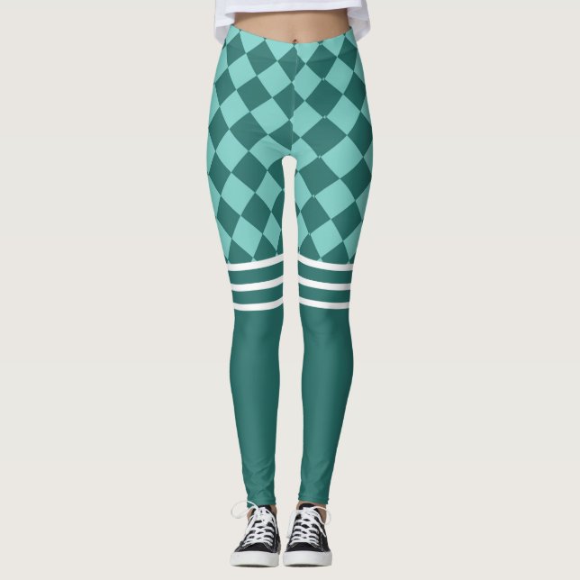 Green Harlequin and Triple White Stripe Leggings (Front)