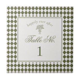 Green Harlequin Chequered Wedding Table Number Tile