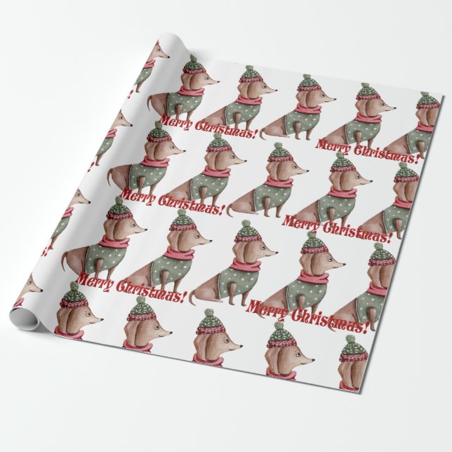 Green Hat and Sweater Dachshund Christmas wrapping Paper (Unrolled)