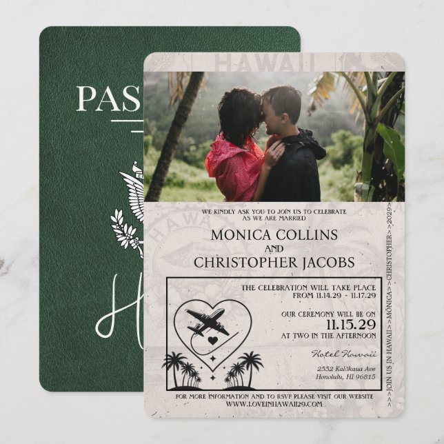 Green Hawaii Passport Wedding Invitation (Front/Back)
