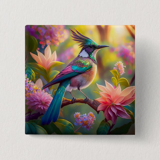 Green Headed Jay Fantasy Bird 2 Inch Square Button (Front)