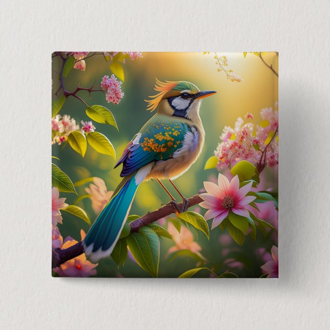 Green Headed Teal Winged Fantasy Bird 2 Inch Square Button (Front)