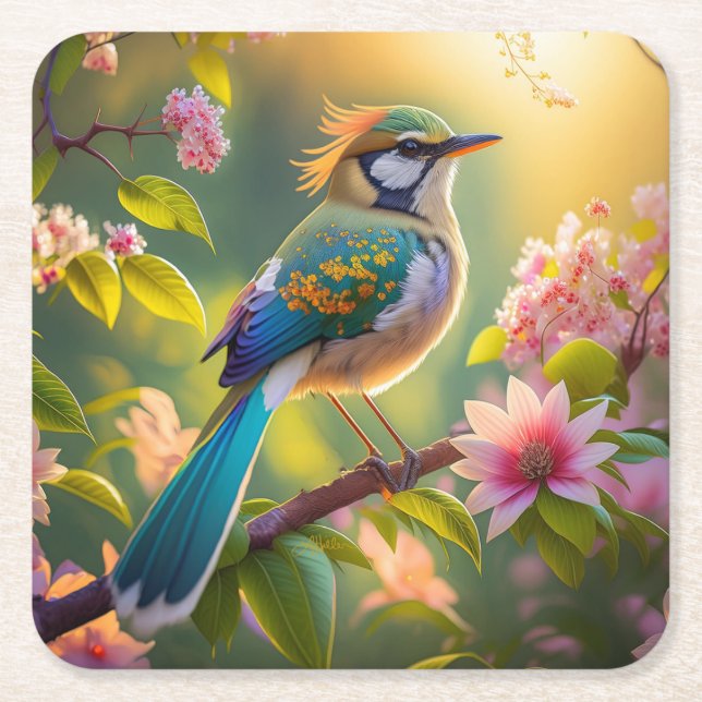 Green Headed Teal Winged Fantasy Bird Square Paper Coaster (Front)