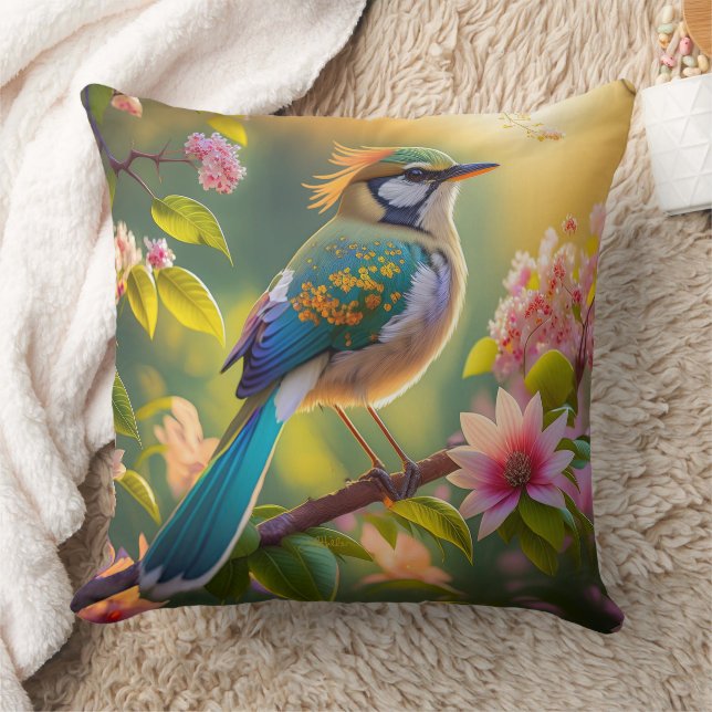 Green Headed Teal Winged Fantasy Bird Throw Pillow (Blanket)