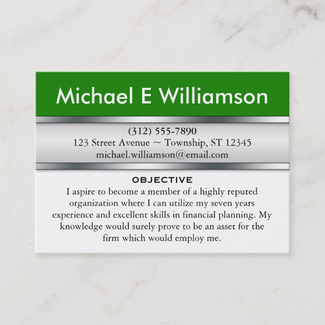 Green Header RESUME Business Cards (Front)