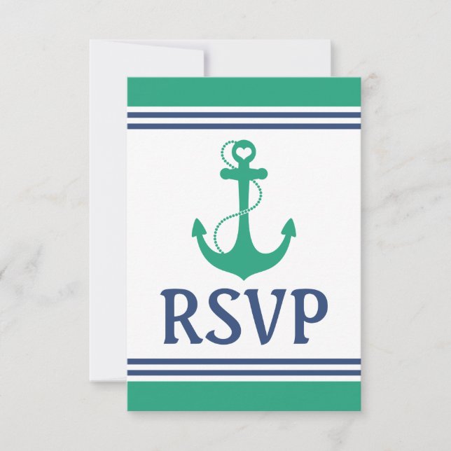 Green Heart Anchor Monogram Wedding RSVP (Front)