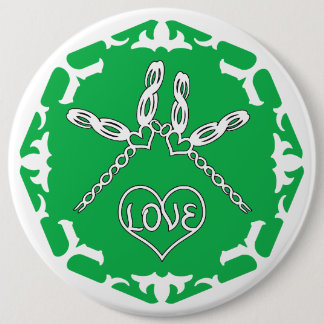 Green Heart Chakra "Love" Dragonflies White BG 6 Inch Round Button