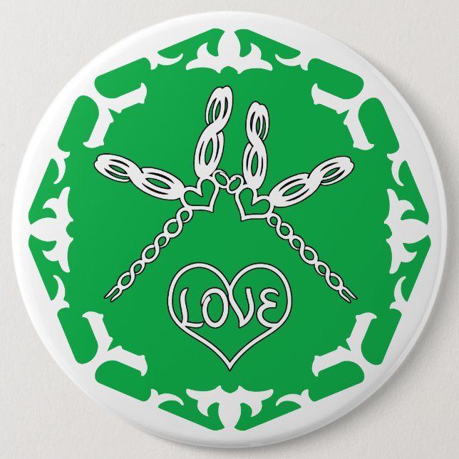 Green Heart Chakra "Love" Dragonflies White BG 6 Inch Round Button (Front)