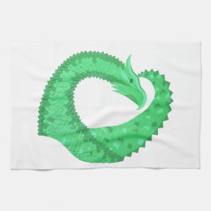 Green heart dragon on white kitchen towel
