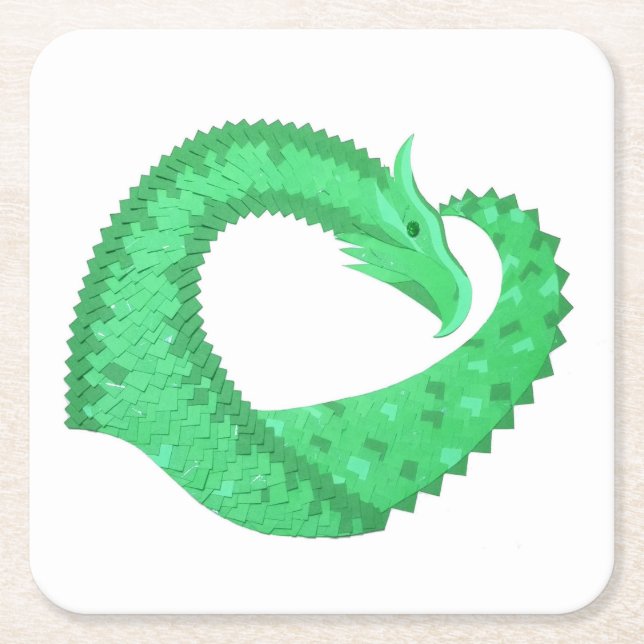 Green heart dragon on white square paper coaster (Front)