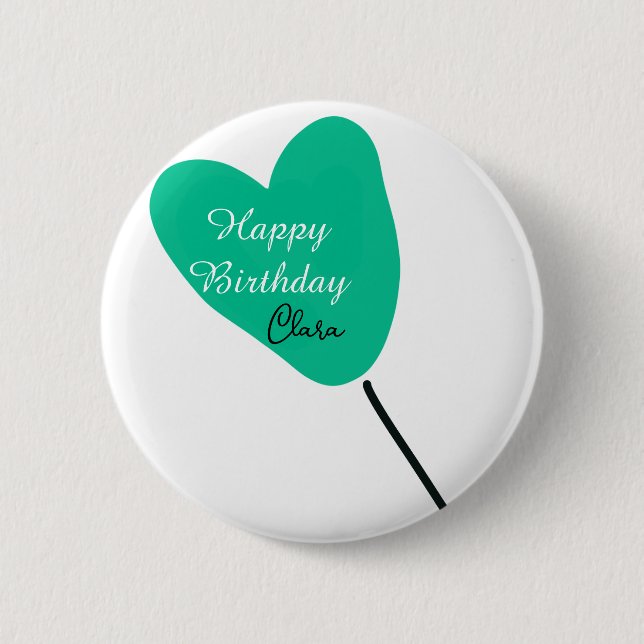 Green heart happy birthday white black balloon kid 2 inch round button (Front)