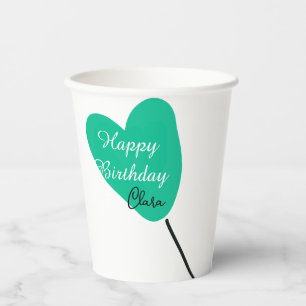 Green heart happy birthday white black balloon kid paper cups