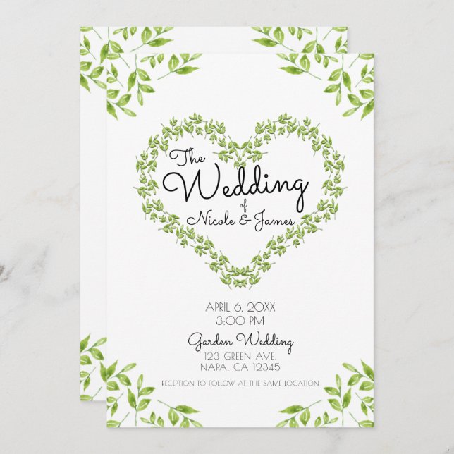 Green Heart Leaves Shabby Chic Greenery Wedding Invitation (Front/Back)